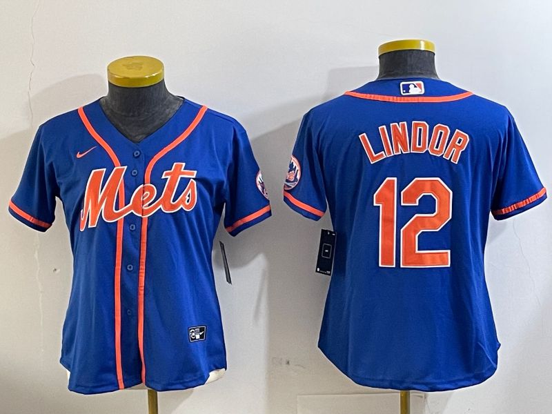 Women New York Mets #12 Lindor Blue Game 2024 Nike MLB Jersey style 2